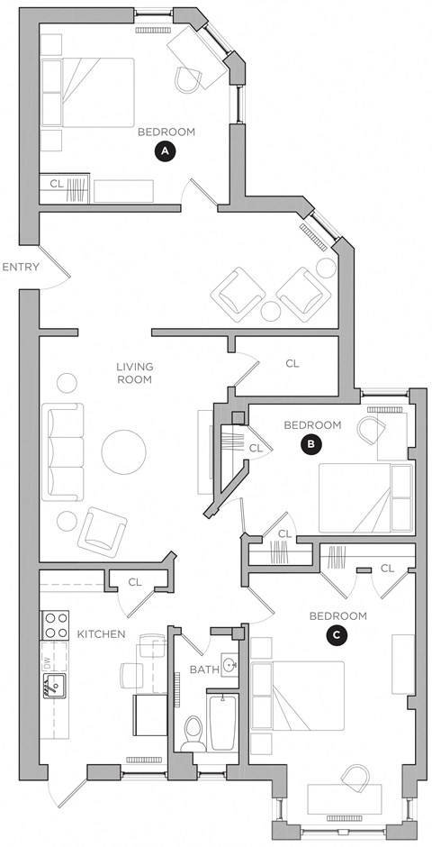 Floor plan for 3 beds, 1 bath, 437 sqft